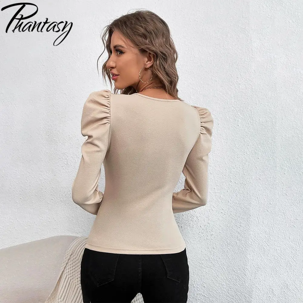 Phantasy New Y2k Tops Fashion Square Collar Slim Leg Sleeve Knitted Bubble Long Sleeve T-shirt Casual Style Vintage Clothing