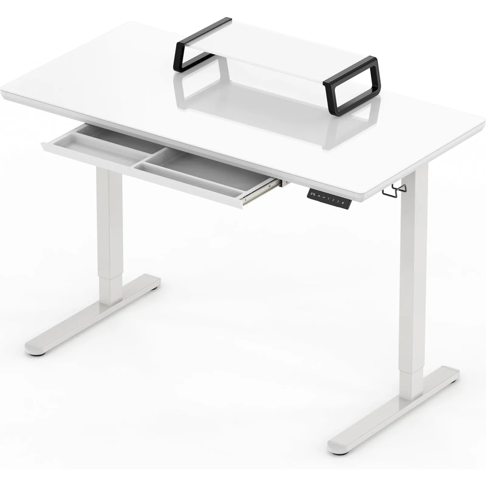 

US 48-Inch Whole-Piece Glass Electric Height Adjustable Desk with Monitor Riser and Drawer, White