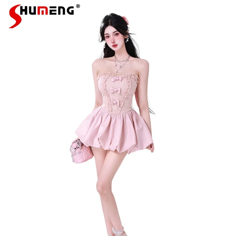 

Japaneses Lolita 2024 Summer New Bow Pure Pink Tube Top Princess Hot Girl Dress Women's Sleeveless Mini Short Vestidos De Mujer