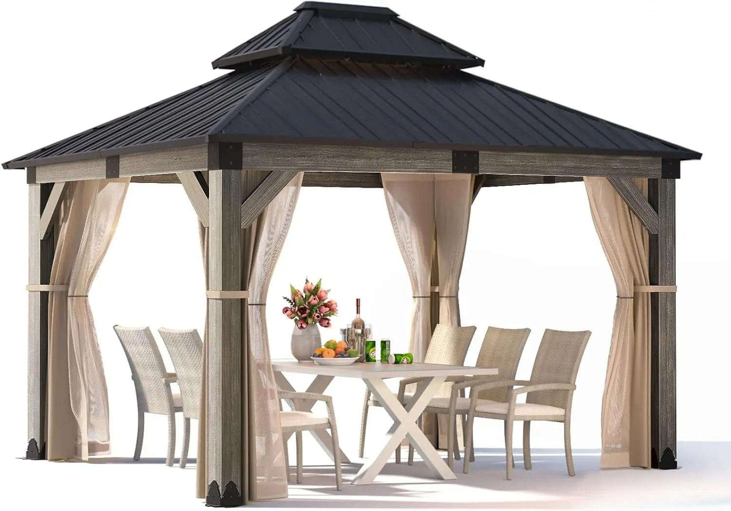 10x12FT cedar wood pavilion with 2-layer galvanized steel roof, mesh and curtains, suitable for backyard use