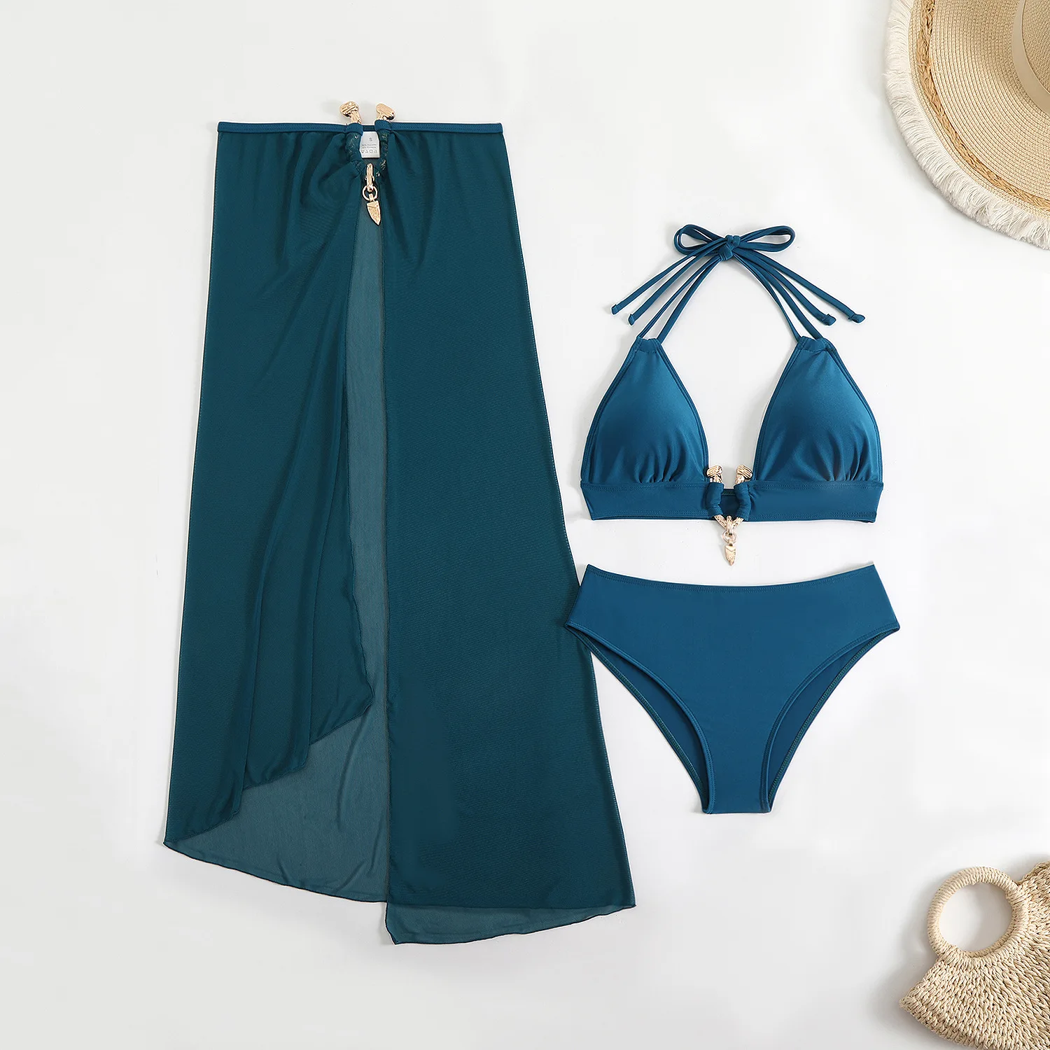 sexy plain halter tie bikinis sets three pieces with mesh split long skirt swimsuits bathing suit swimwear biquini tankini