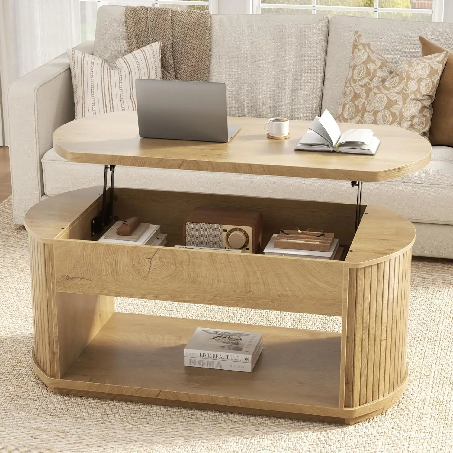 

Oval Lift Top Coffee Table Storage 2 Tier 41.7" Fluted Wood Living Room Home Office, Customized