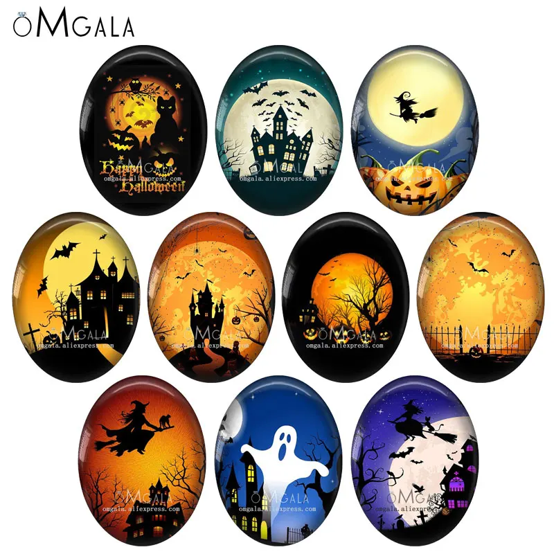 Halloween pumpkin witch ghoest art 10pcs 13x18mm/18x25mm/30x40mm Oval photo glass cabochon demo flat back Making findings