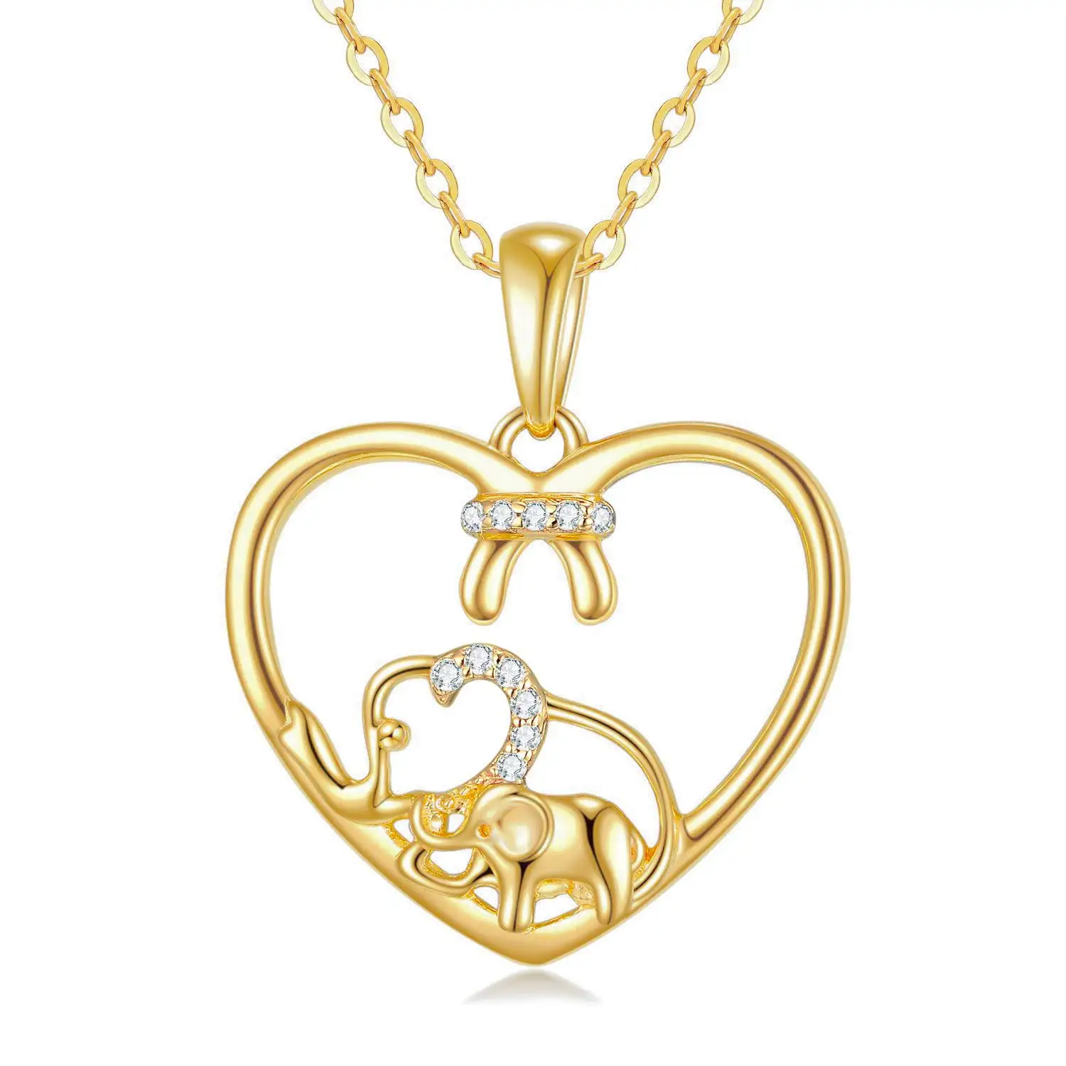 YFN 14k Gold Heart Pendant Necklace for Women Real Gold Lucky Elephant Love Jewelry Gifts for Mother/Wife 16+1+1 Inch