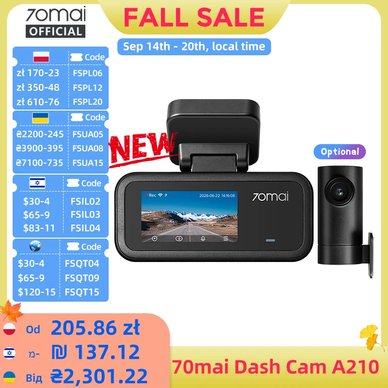 【New】70mai A210 Dash Cam 1080P HDR Night Vision Support Dual-Channel Supercapacitor Built-in GPS Wi-Fi6 24H Parking Surveillance