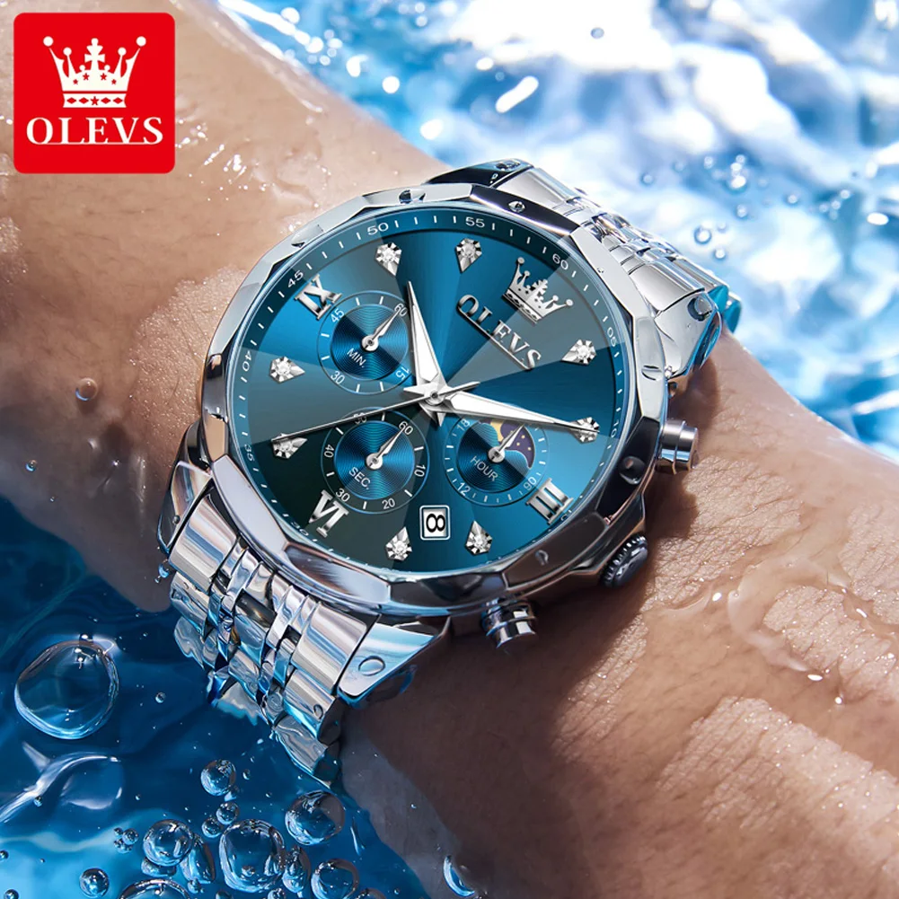 OLEVS 3670 ساعة رجالية أصلية ساعة كوارتز ستانلس ستيل مقاوم للماء مضيئة تاريخ القمر المرحلة كرونوغراف فاخر الرجال رسمي