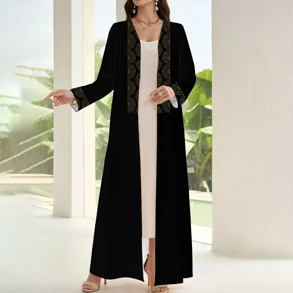 Demure Muslim Black Abaya Islamic Dubai Femme Abaya Milk Fiber Ramadan Clothing Long Sleeve Fake Two Pieces Open Kimono Dresses