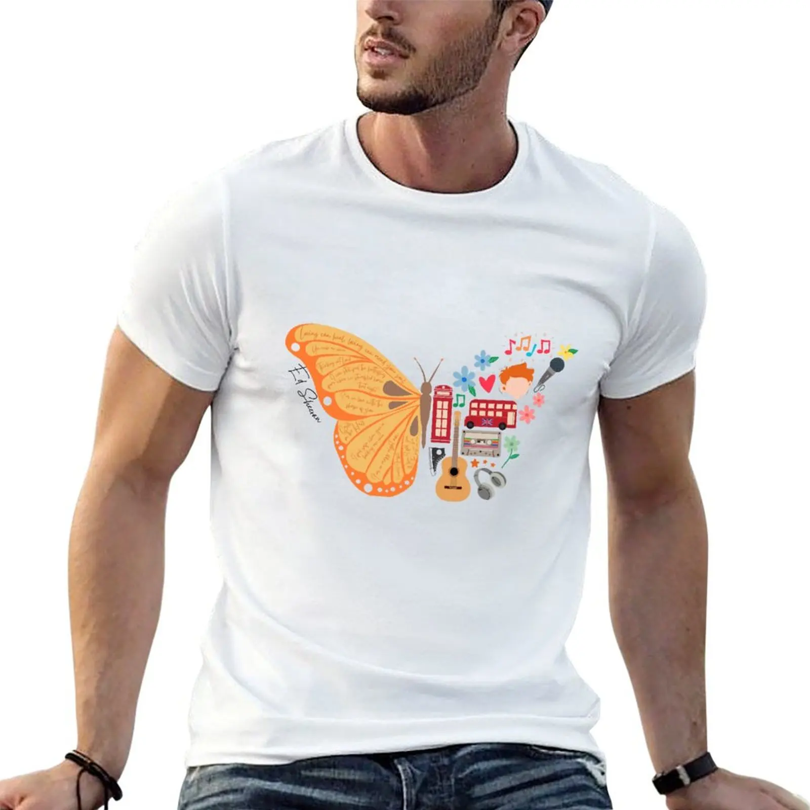 Ed Sheeran music butterfly England guitar T-Shirt Casual Soft Cotton Short Sleeve Tee