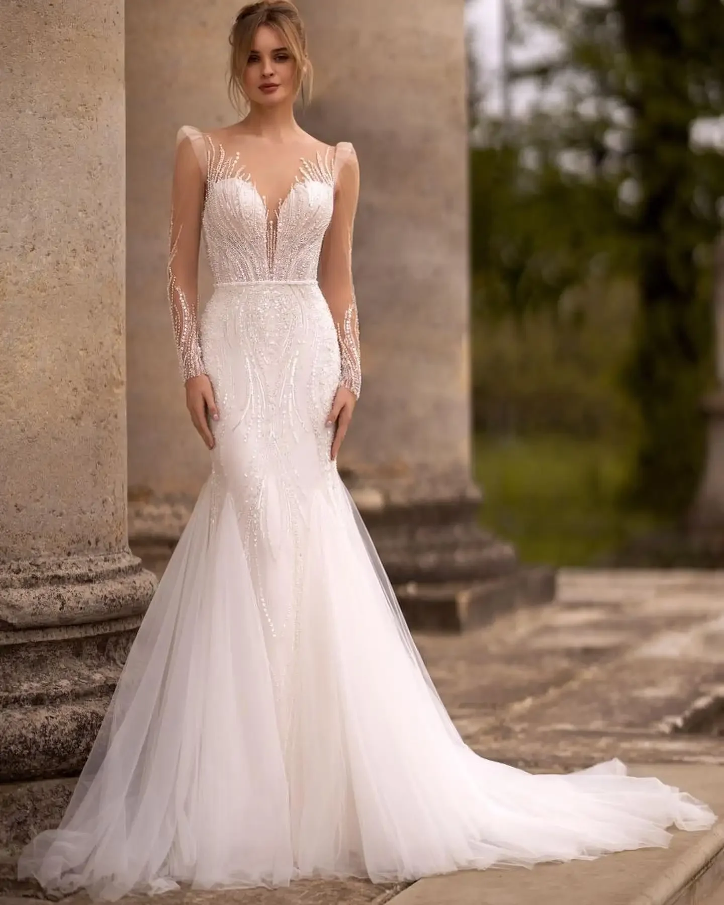 

Flavinke Customized Luxurious sexy Beaded Lace Applique Long Puff Sleeves Mermiad Wedding Dresses Detachable Trian Brdidal Grown