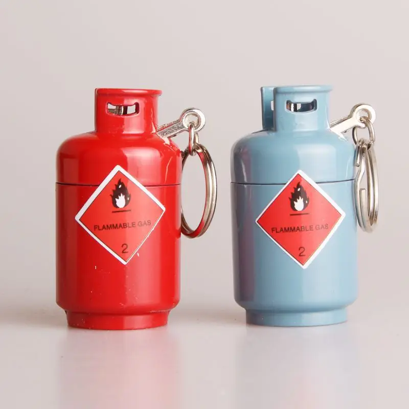 Novelty Creative Metal Butane Gas Lighters Unique Gas Cylinder Shaped Pendant Open Flame Lighter Different Funny keychain Tool