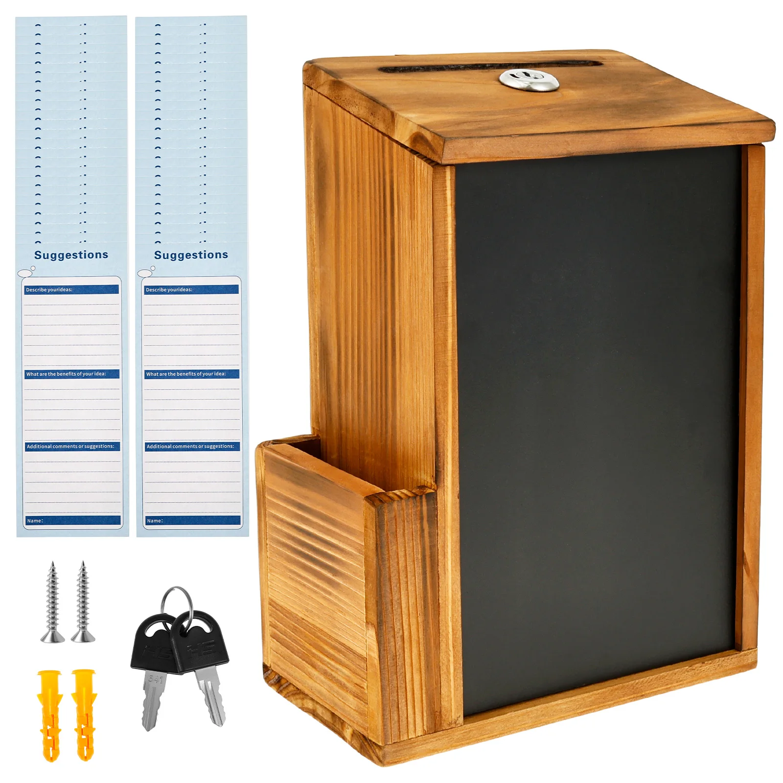

Деревянный ящик для предложений со слотом и замком. Прочный ящик для пожертвований с 50 карточками для предложений и 2 ключами для офиса, школы, ресторана.