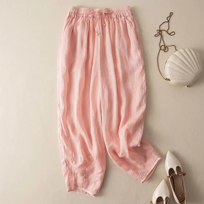 

Pop Cotton Linen Pants For Women Solid Loose Casual Vintage Summer Thin Korean Style Literary Lace-up Elastic Waisted Lantern Pa
