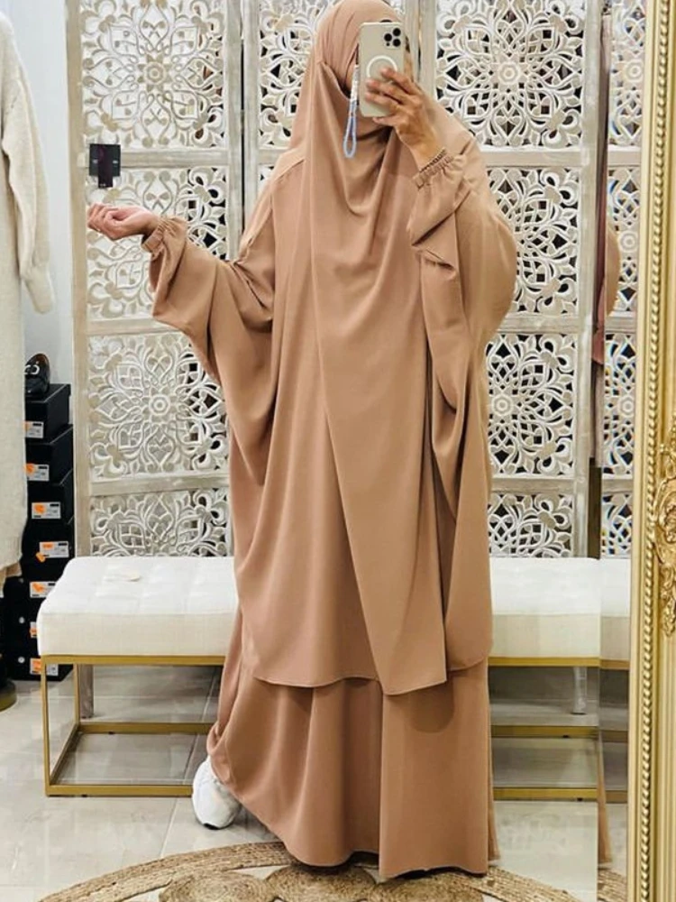 Ramadan 2 Piece  Long Khimar Set Abaya Muslim Women Prayer Garment Dubai Saudi Prayer Dress 2 Piece Skirt Sets Eid Niqab jilbab