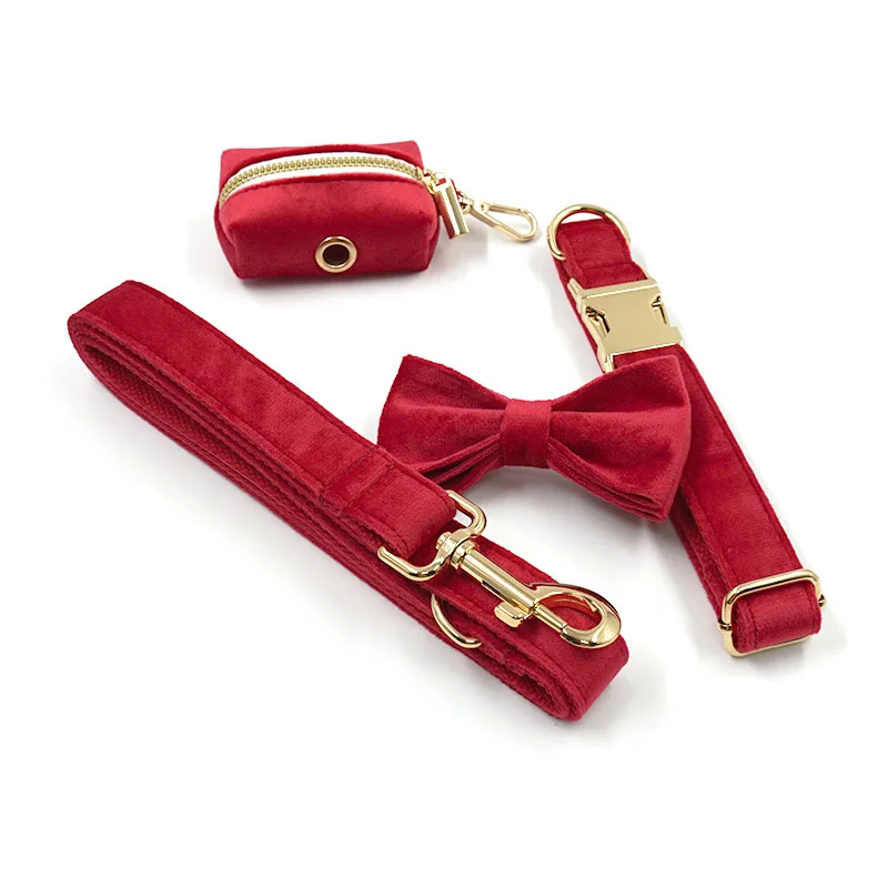 

Dropshipping Christmas Thick Velvet Gold Buckle Bowknot Pet Dog Collars Leashes Harnesses Set