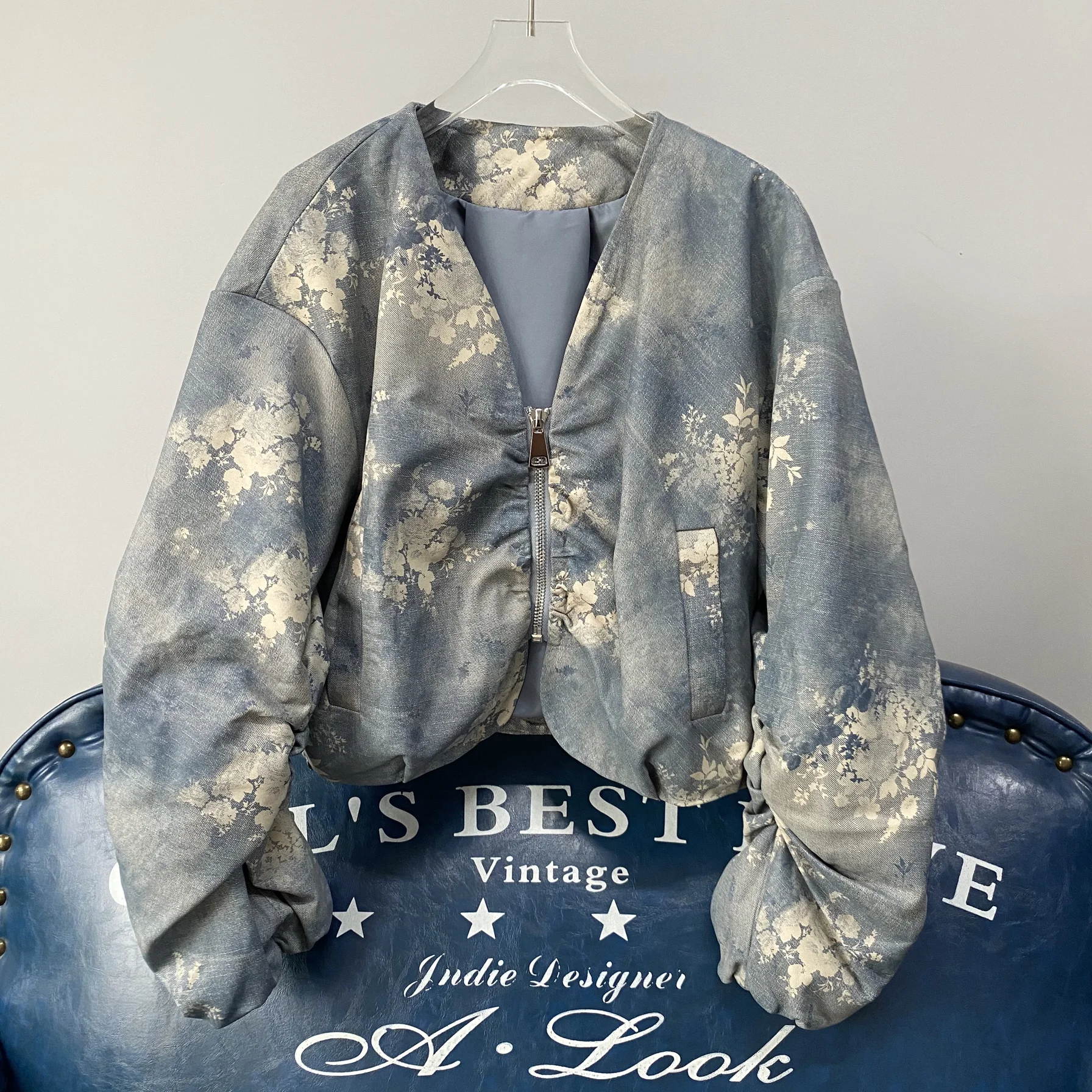 Retro Eepskin Denim Print Ort Loose Top Jaet Small Size Loose V-ne Ledermantel Street Sle Long Sve Reißverschluss