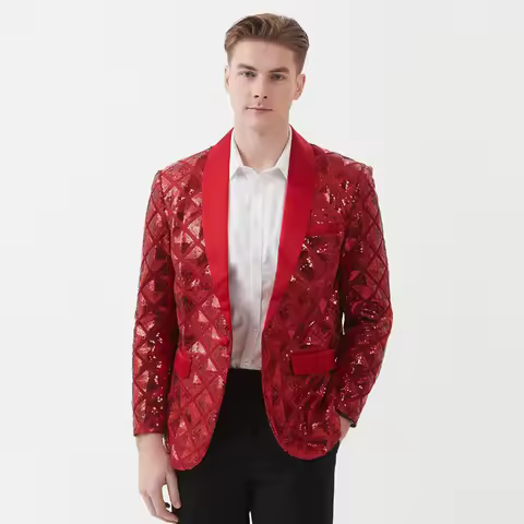 High Quality Handsome Fashion Men's Square Sequins Casual Banquet Suit Jacket Singer Stage Wedding Host Red Tuxedo Blazers