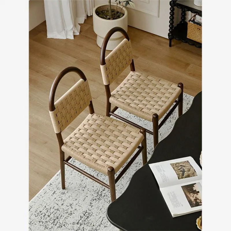 French medieval dining chair rope woven solid wood chair retro living room home woven backrest casual makeup chair