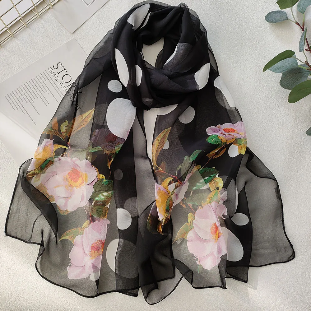 Camellia Flower Dots Print Women Foulard Elegant Chiffon Georgette Bandana Scarf Summer Beach Travel Sun Protection Thin