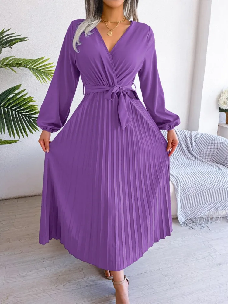 Long Dresses Autumn Fashion Solid Color V-Neck Pleated Lace Up Black & Purple Dress 2024 Casual Women\'s Dresses Robe Vestidos