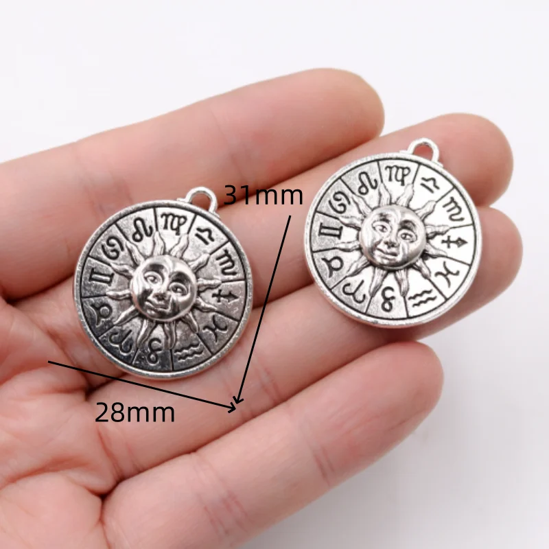 1pack/6/10/15pcs Silver Plated Sun Moon 12-Horoscope Round Tag Pendant DIY Charms Retro Necklace Jewelry Making P771