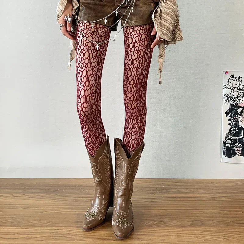Women Sexy Tights Medium Grid High Waist Silk Stockings Punk Gothic Irregular Mesh Fishnet Hollow Out Pantyhose Subculture Black