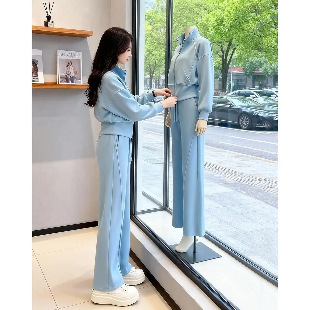 

Fashion Casual Bule Sport Hoodie 2 Piece Set For Women Fall Winter Thickened Cropped Coat T High Waist Drawstring Pants Suits