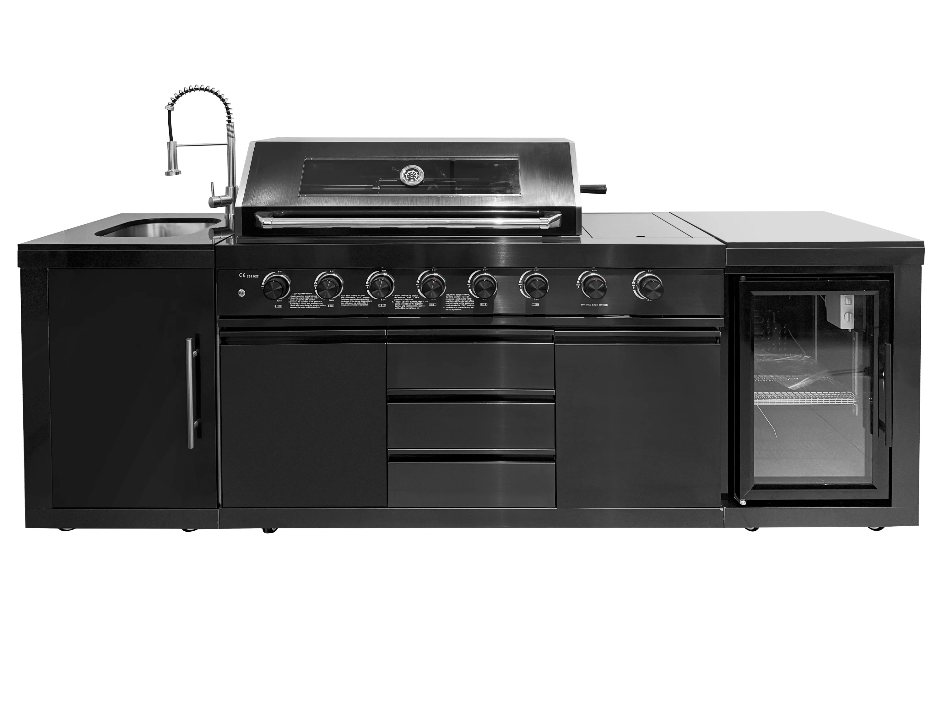 Factory Direct Stainless Steel Gas Grill 6 Burners Villa Kitchen for Barbecue Cooking Parties Powder Coated Finish Sink Fridge