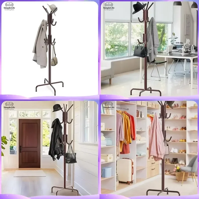 Metal Freestanding Coat Rack with Hooks Umbrella Stand Heavy Duty Hall Tree for Living Room Entryway Bedroom Clothes Hanger