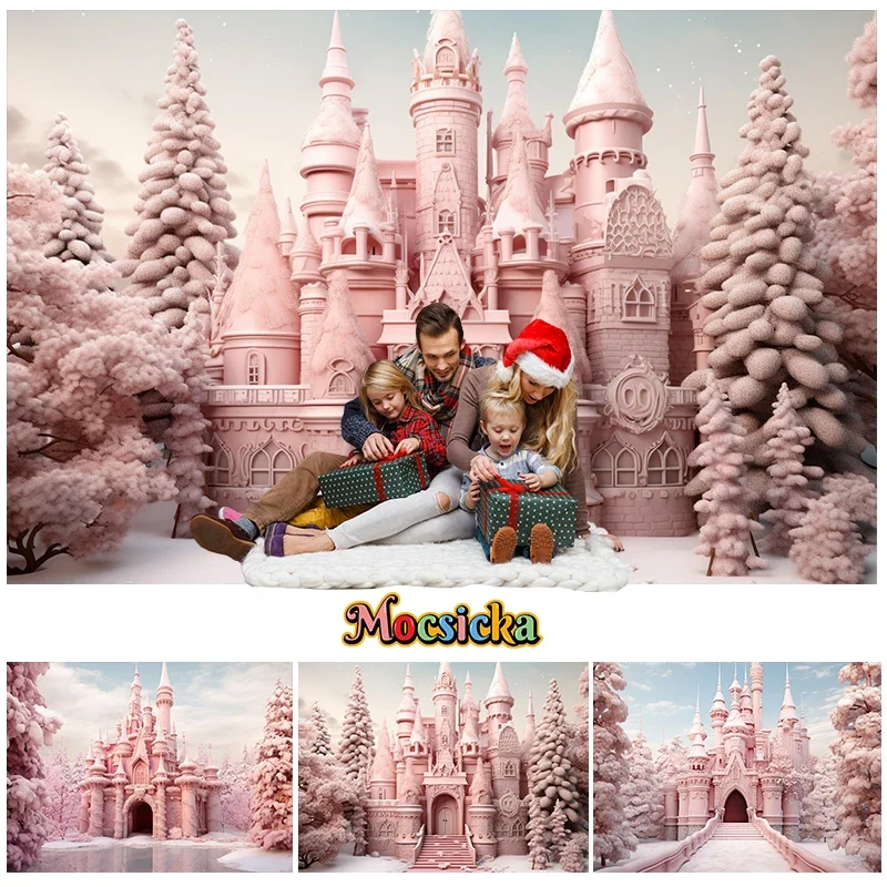 

Mocsicka Winter Pink Castle Backdrop For Kids Portrait Birthday Party Photography Pink Christmas Tree Forest Decoration Prop