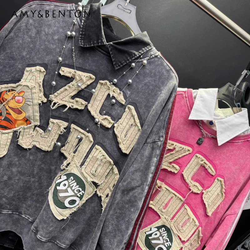 

Sweet Fashion Heavy Embroidery Letter Sweatshirt Ladies Trendy Loose Design Top Ins Style 2025 Autumn New Pullover Harajuku Coat