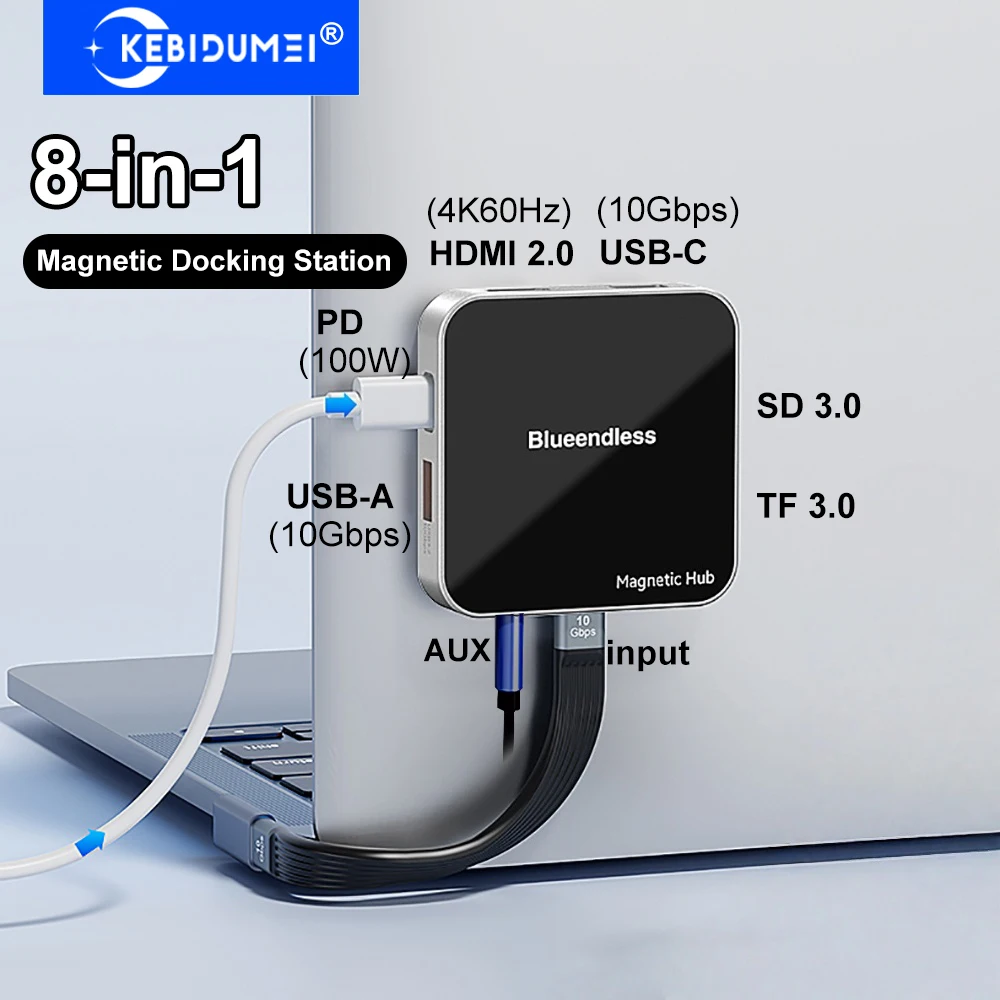 

Магнитная док-станция 8 в 1 Адаптер USB C-концентратора типа C к HDMI 4K60 Гц USB 3.2 10 Гбит/с TYPE-C 3,2 10 Гбит/с PD100W Разветвитель USB-концентратора