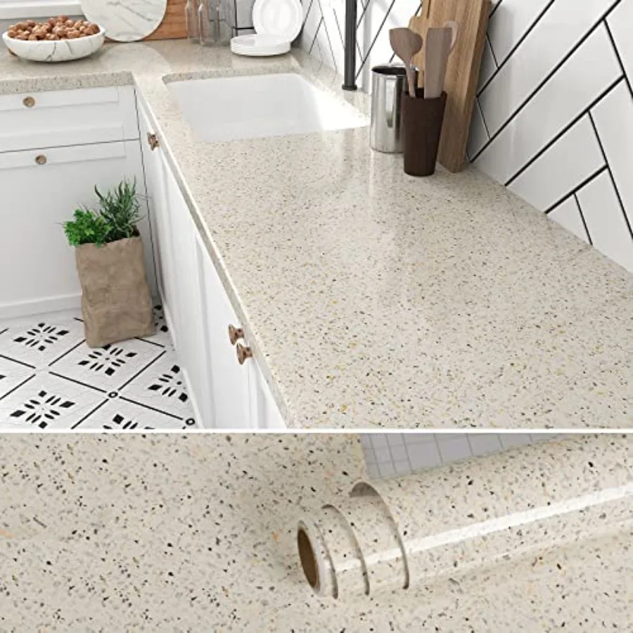 

Glossy Cream Granite Peel and Stick Countertops Waterproof Granite Contact Paper for Countertops 24''x354'' Self Adhesive Marbl