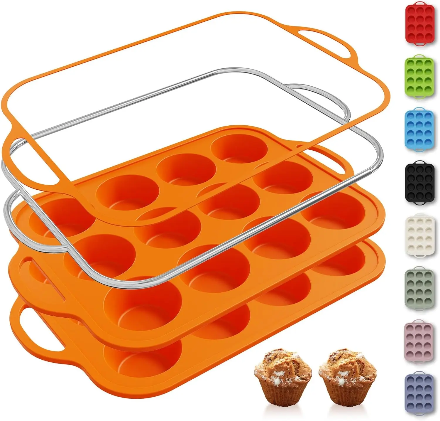 

2 Packs 12 Cups Silicone Muffin Pan with Metal Reinforced Frame Regular Size Cupcake Pan Tray Egg