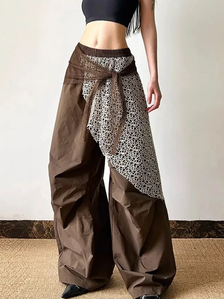 

Y2K Streetwear Cargo Pants Women High Waist Loose Lace Decorated Wide Leg Pants American Harajuku Dance Casual Lady Trousers