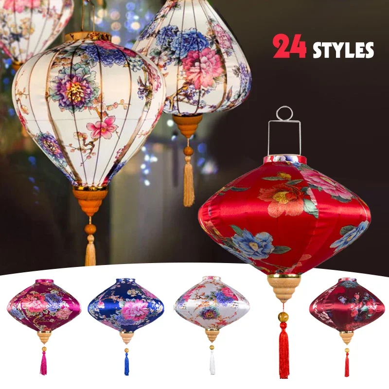 12 Inch Peony Floral Pattern Mid-autumn Lantern Vietnam Chinese  Retro Silk Lanterns for New Year Party Wedding Hanging Decor