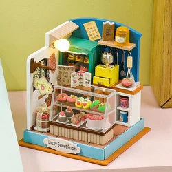 Coffee Store Wooden Mini Doll Houses Miniature 3D Puzzle Assembly Building Kits With Furniture LED  Dollhouse Toys For Gifts