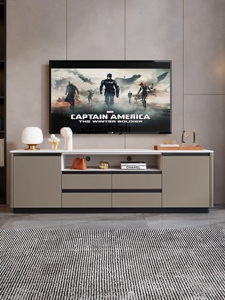 

K185 TV Cabinet Minimalist Modern Home Living Room Wall Stone Plate Floor Cabinet Saddle Leather Solid Wood TV Cabinet