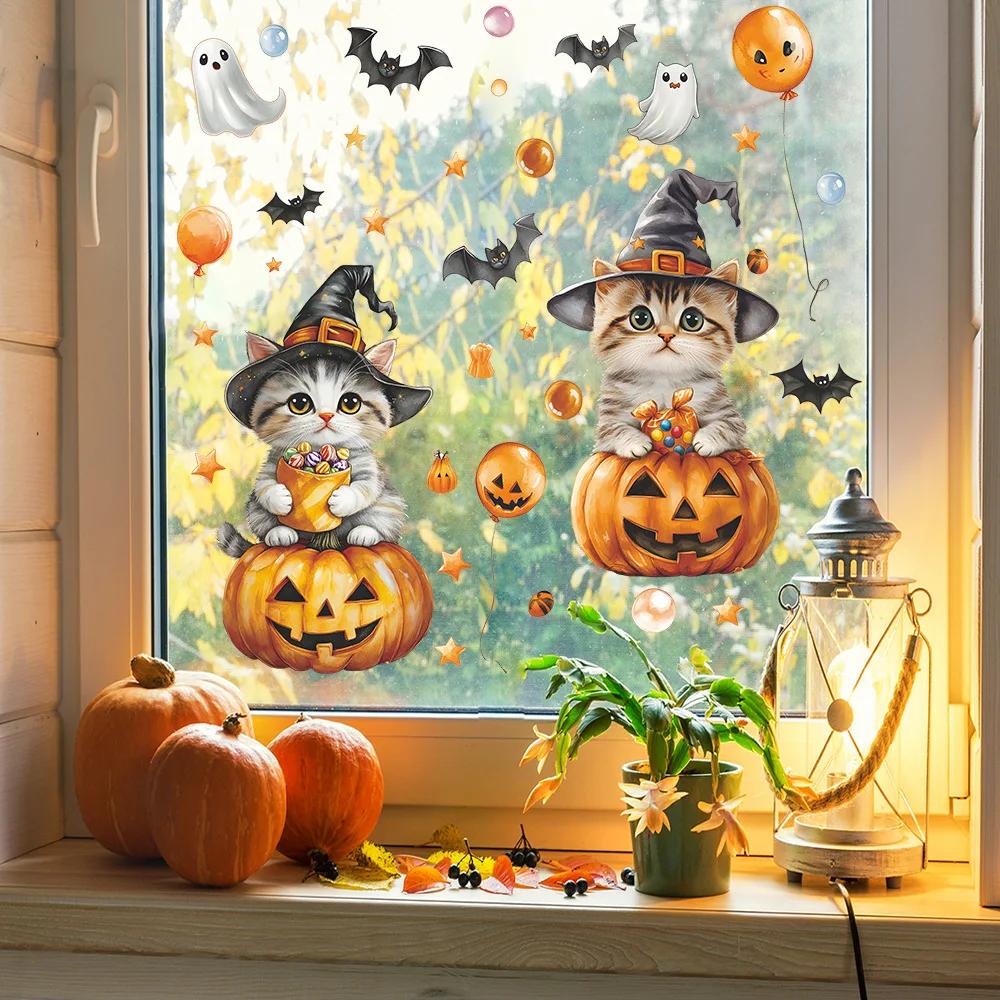 Halloween-Cartoon, süße Katze, Kürbis, Fledermaus, Glasfenster, Heimdekoration, statische Fensteraufkleber