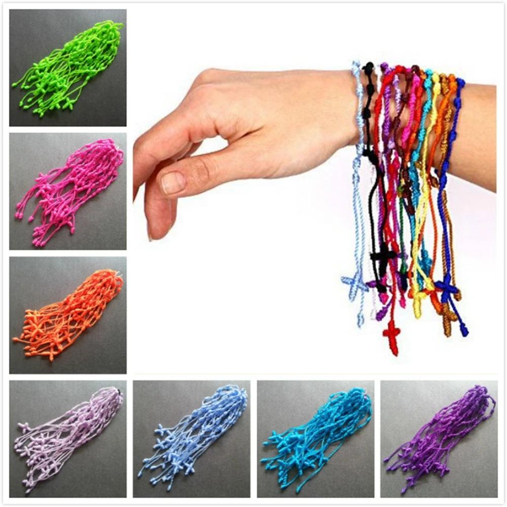 120 Uds. Rosario pulsera religiosa hecha a mano cuerda anudada amistad correa de mano Pulseras Decenarios con cruz