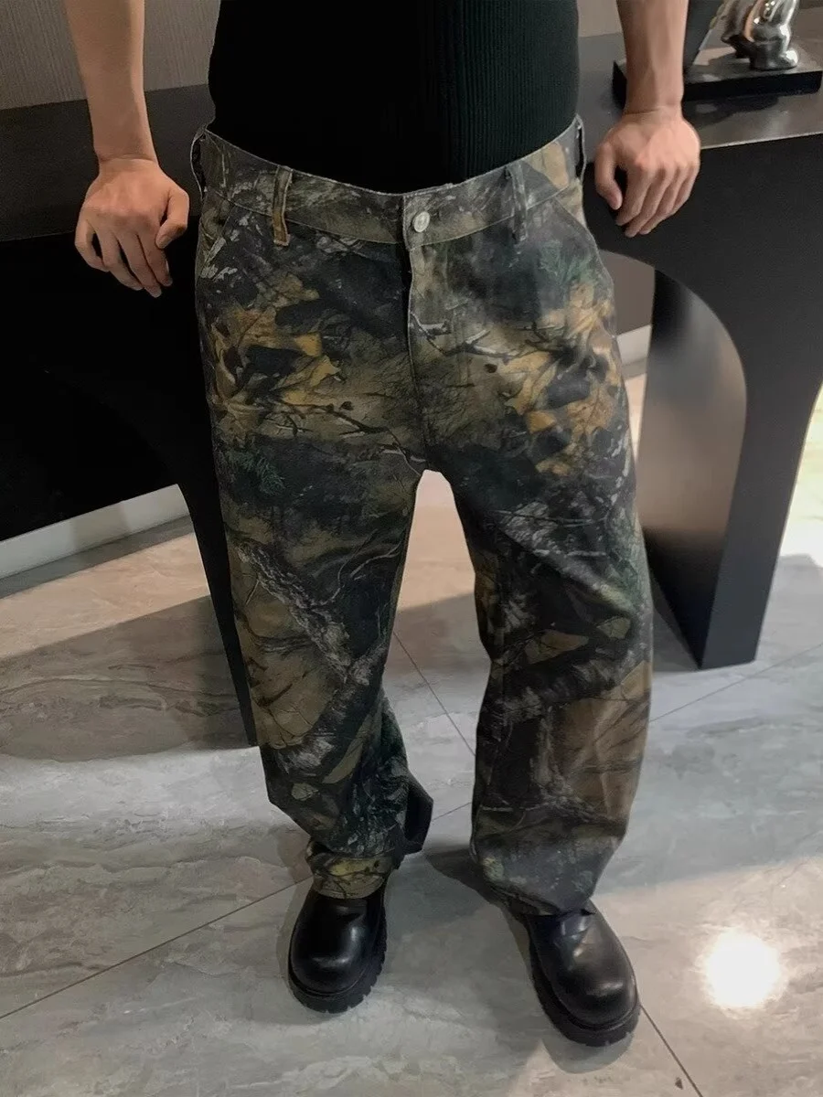 Retro American Street Sle Camouflage Loose Wide Leg Straight Workwear Pants Men Women Vintage Dirfit Youth Casual Jeans