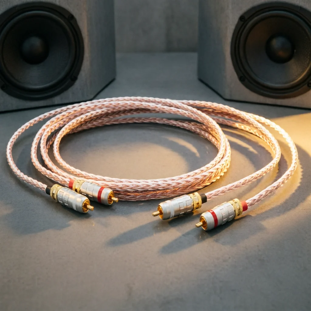 Hi-End 7N OCC Single Crystal Copper RCA Interconnect Cable – 2RCA to 2RCA, RCA Connectors (R1707/R1709), 8-Core Braided, PTFE In