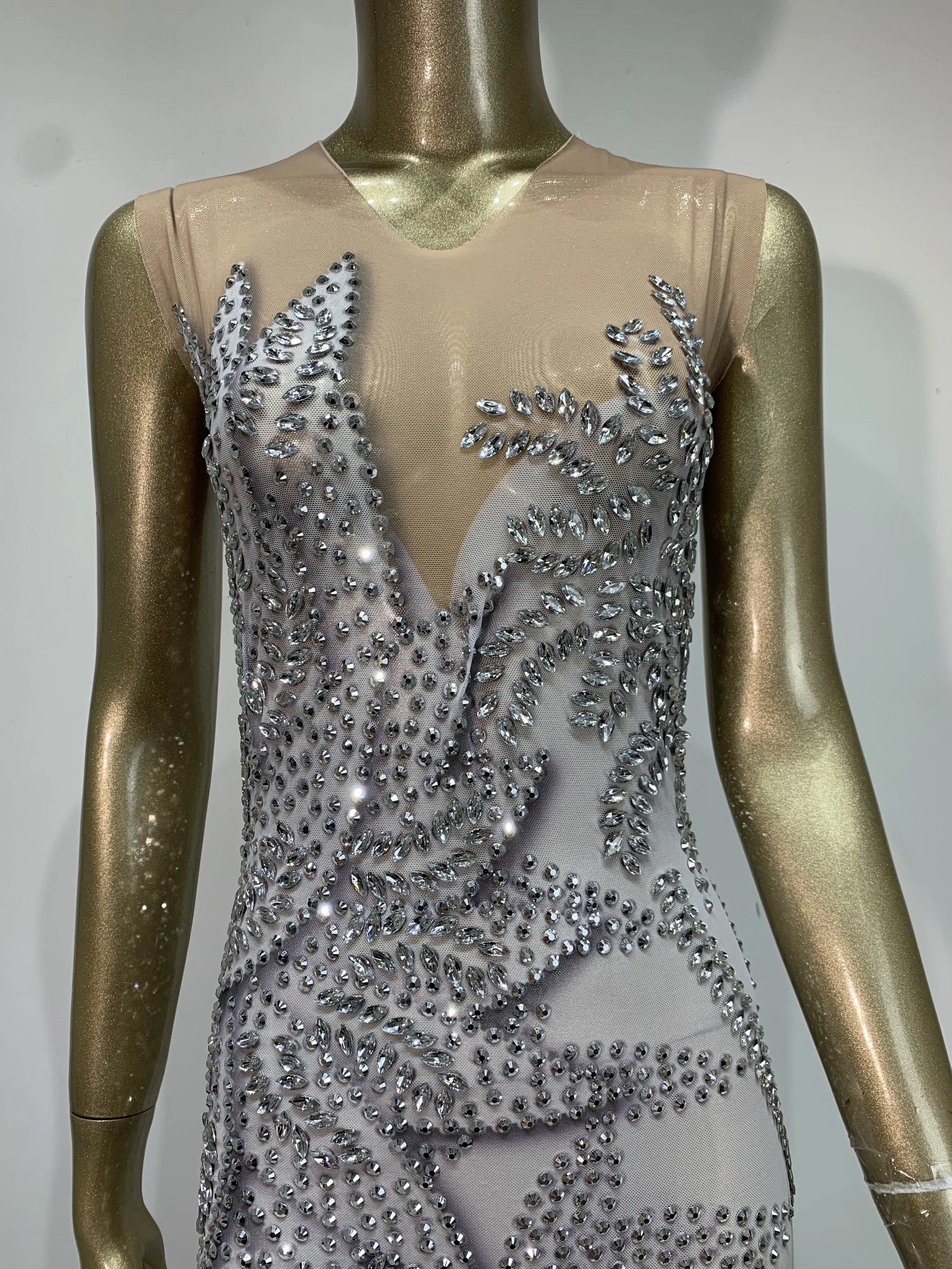 Luxus Strass Geburtstag Bodycon Kleid Frauen Sexy Durchsichtig Stretch Abend Prom Kostüm Sänger Leistung Bühne Outfit ﻿