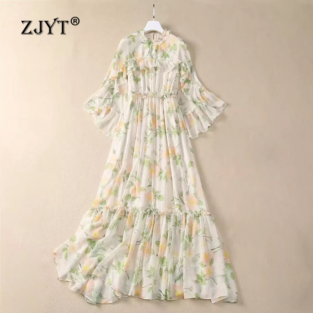 

ZJYT Runway 2025 Spring Summer Floral Print Long Chiffon Dress Women Elegant Cloak Sleeve Bohemian Holiday Maxi Dresses Vestidos