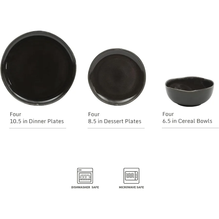 Nardini 12 Piece Service for 4 Plates and Bowls Reactive Glaze Dishes Stoneware Ceramic Dinnerware Set Black for Modern Dining