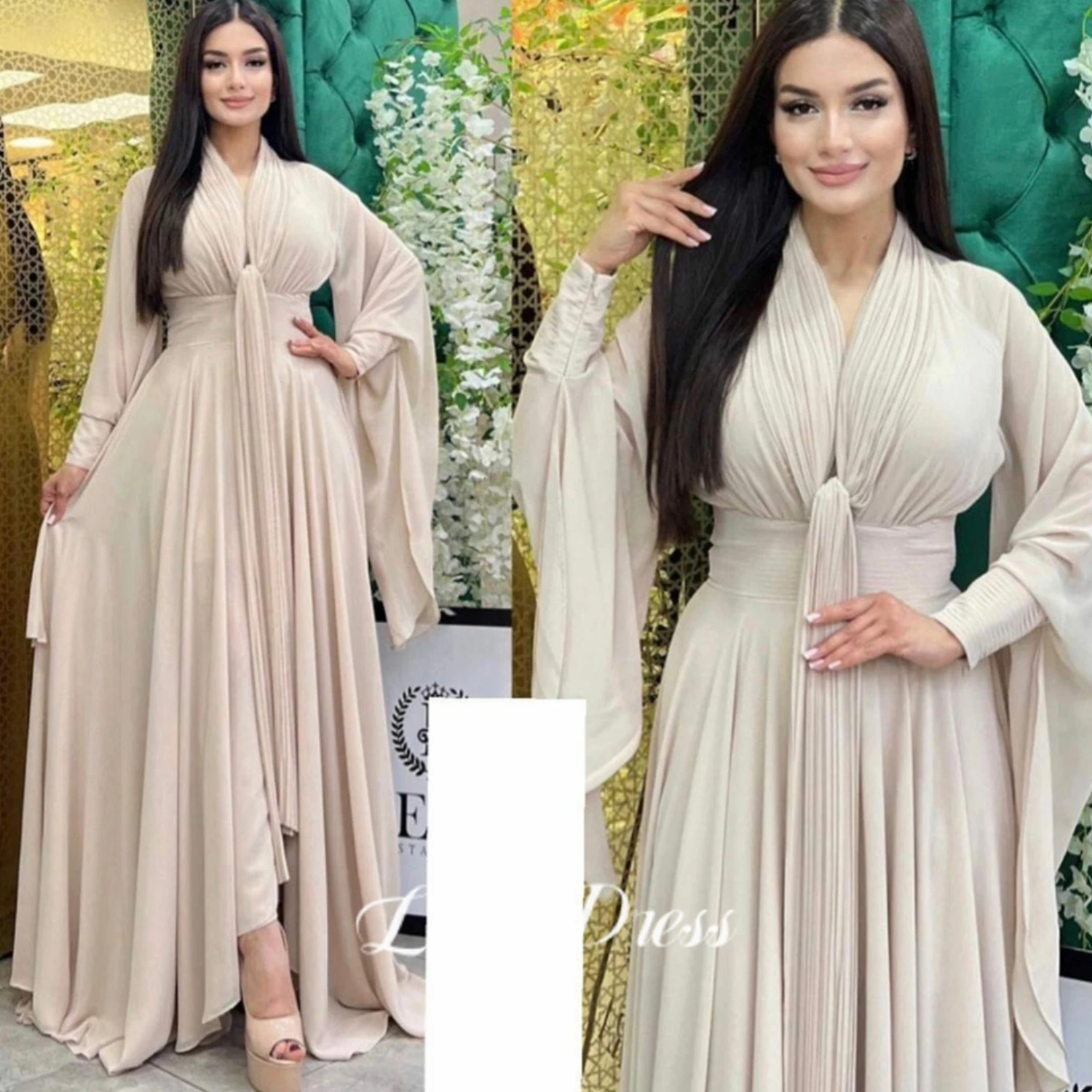 

Lucy Modest Chiffon فساتين السهرة Green Prom Dresses 2023 Muslim Trumpet Sleeve Vestidos De Noche Silk Chiffon Prom Gown