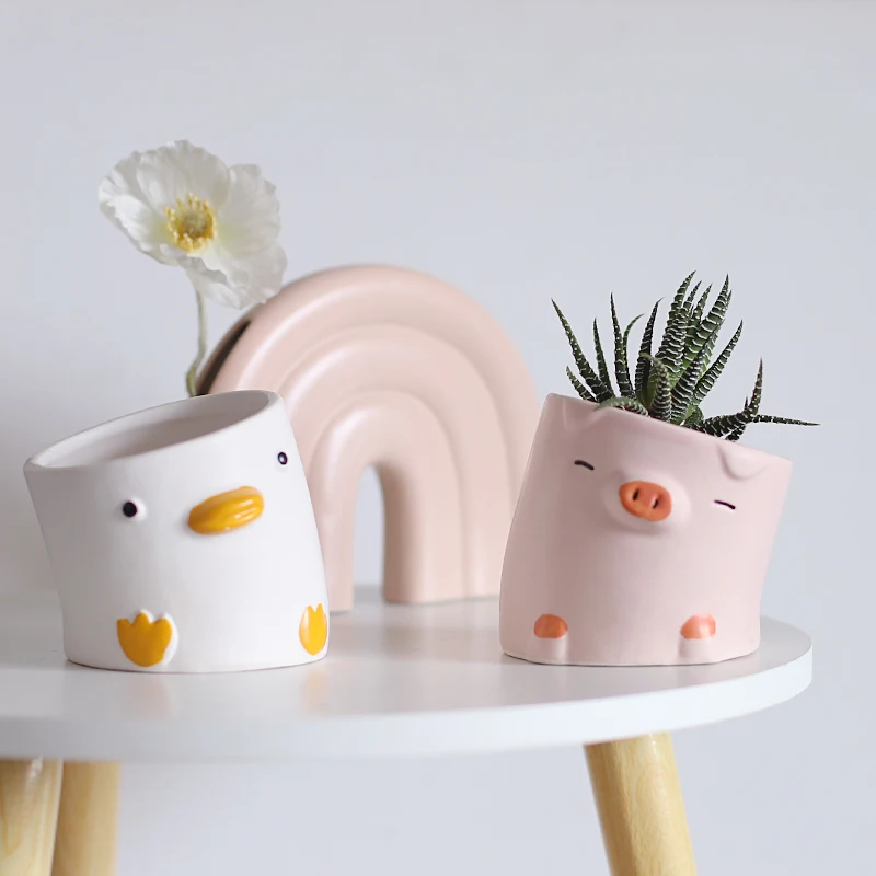 Cute Cartoon Animal Flower Pot Desktop Balcony Succulent Planting Flowerpot Decoration Creative Crooked Duck and Pig Ceramic Pot