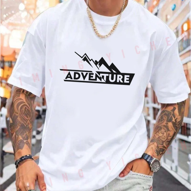 Adventure Exploration Letter Print Motorcycle T-Shirt Men Hip Hop Streetwear Unisex Casual Fashionable Short Sleeve Tops