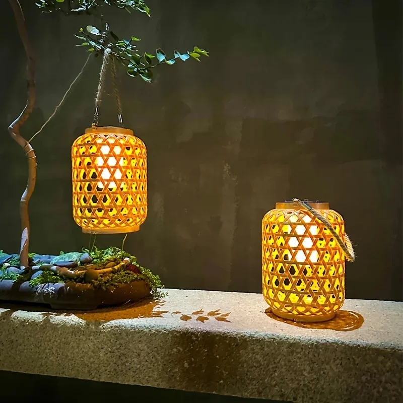 Solar Garden Light Outdoor Waterproof Bamboo Rattan Lantern Courtyard Decoration Hanging Lamp for Patio Yard Lawn Home Decor