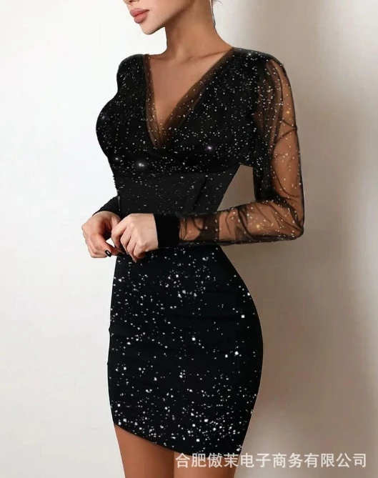 

Women's Dress Elegant Party Night Out Dress Sparkling Decoration V-neck Sheer Mesh Long Sleeve High Waist Bodycon Mini Dress