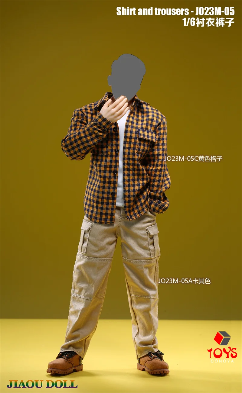 JO23M-05 1/6 Male Plaid Shirt Stripes Shirt Solid Color Trousers Pants Clothes Model Fit 12'' Soldier Action Figure Body